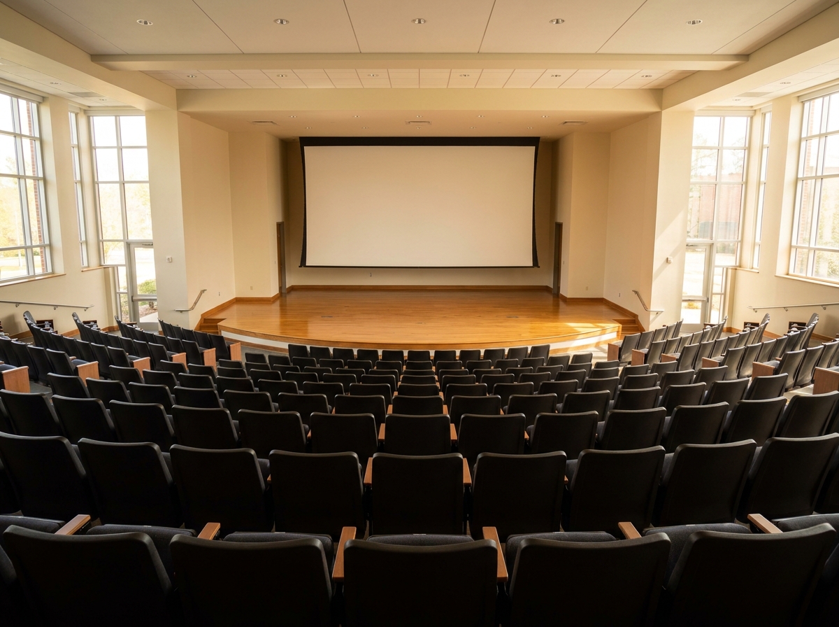 An empty university auditorium in Greensboro prepared for an event.