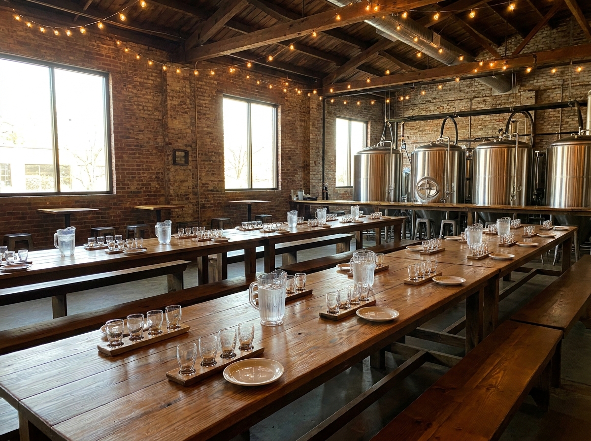A private event space in a Greensboro brewery set with tables and lights.