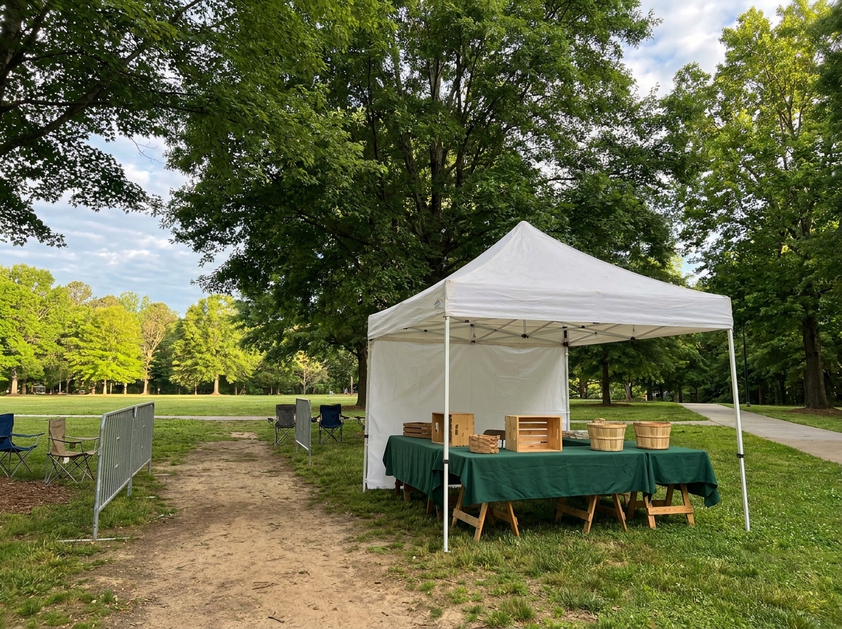 An empty check-in tent set up for an outdoor event in a Greensboro park.