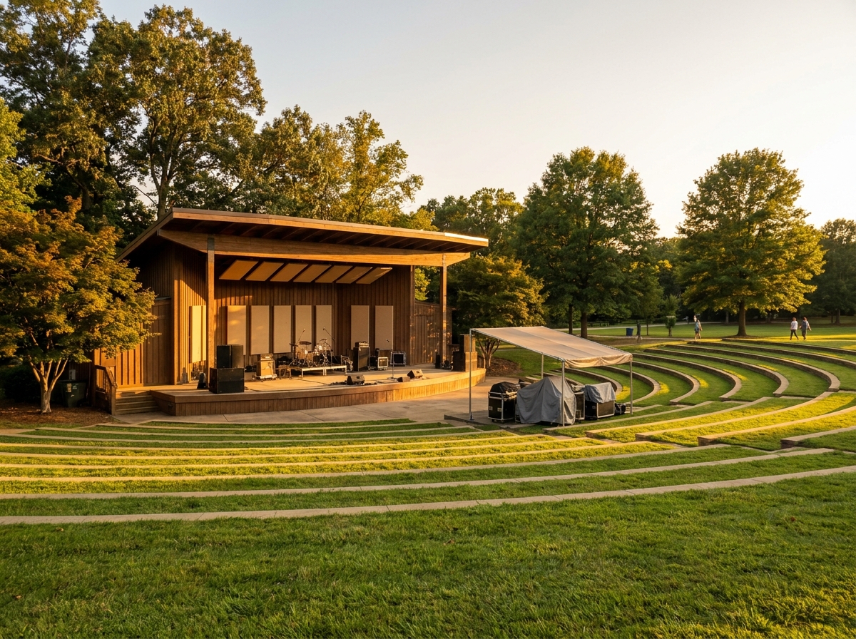 An empty outdoor amphitheater in Greensboro prepared for a concert at sunset.