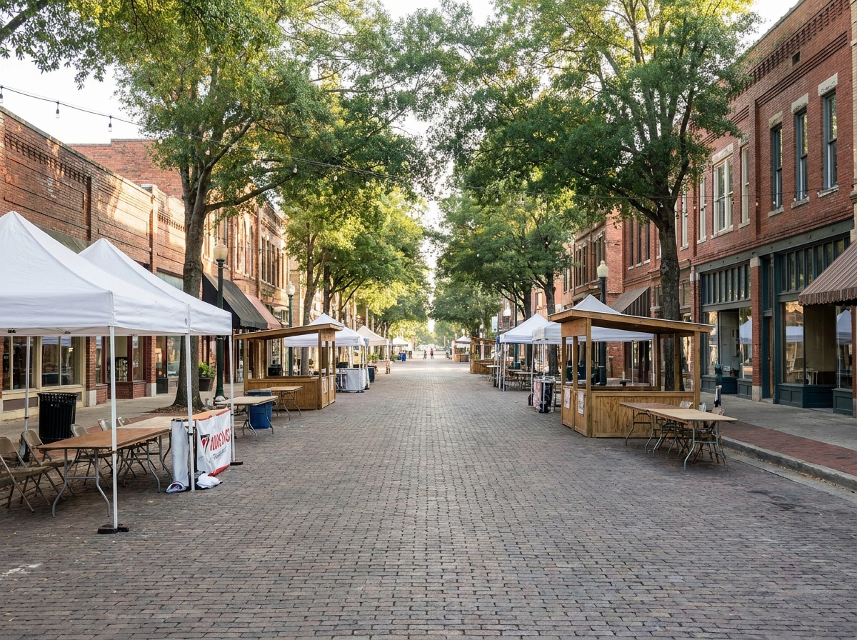 A street prepared for a food and arts festival in downtown Greenville.