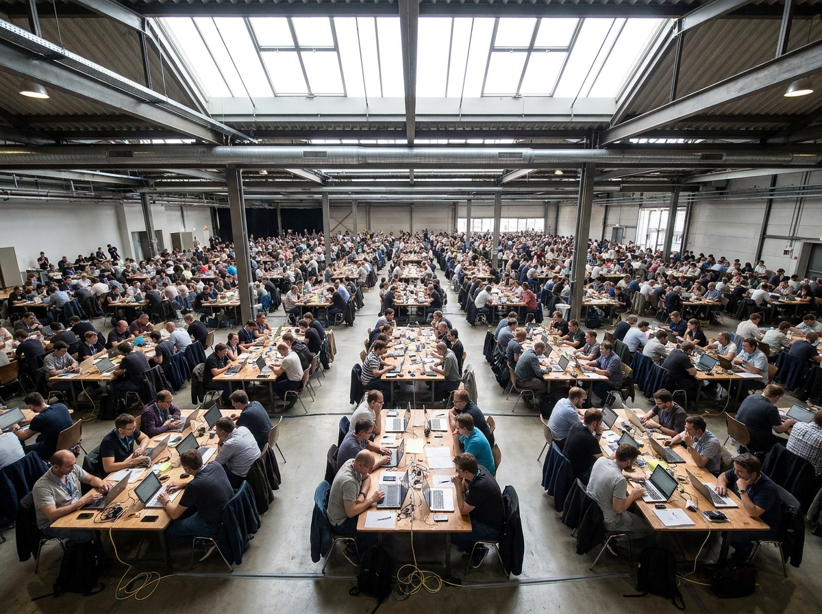 An aerial view of a crowded tech hackathon in progress.