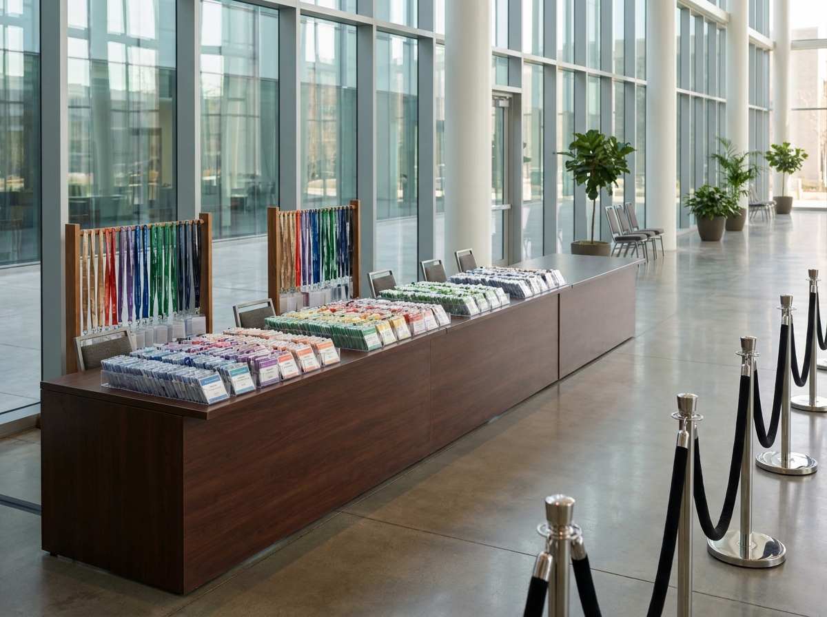 An empty, organized registration table prepared for a hackathon.