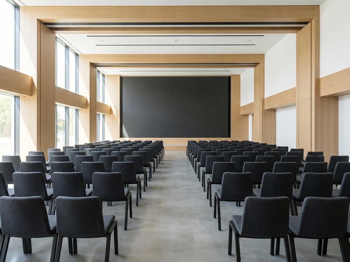 An empty auditorium stage and seating, ready for hackathon presentations.