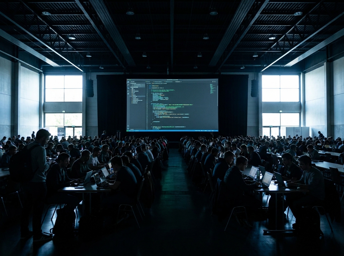 Hackathon attendees watching a technical presentation on a large screen.
