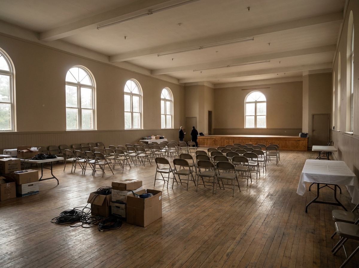 Rows of empty chairs set up for a community event in Hamilton.