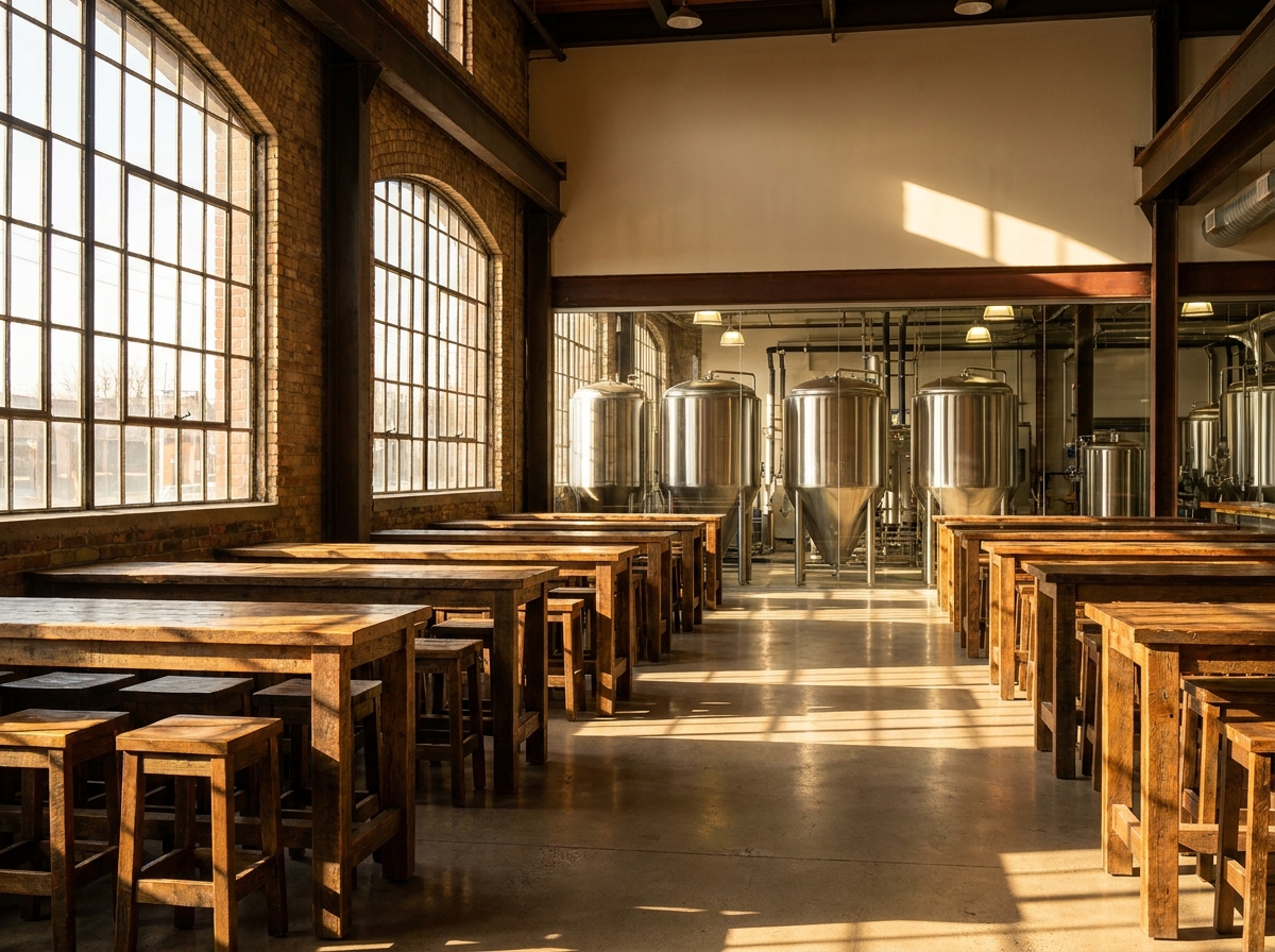 An empty brewery taproom in Hamilton set up for a tasting event.