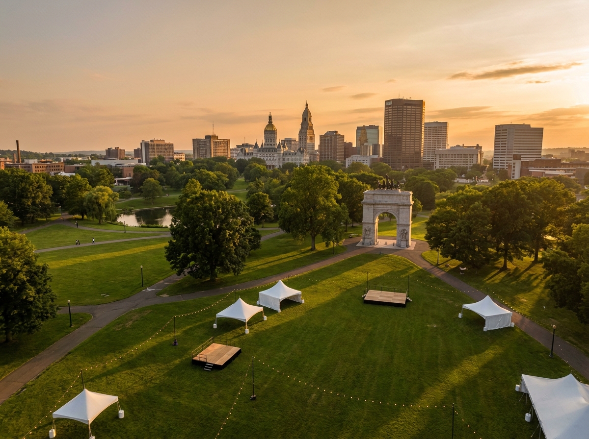 A view of Hartford's Bushnell Park at sunset, an ideal setting for outdoor events.