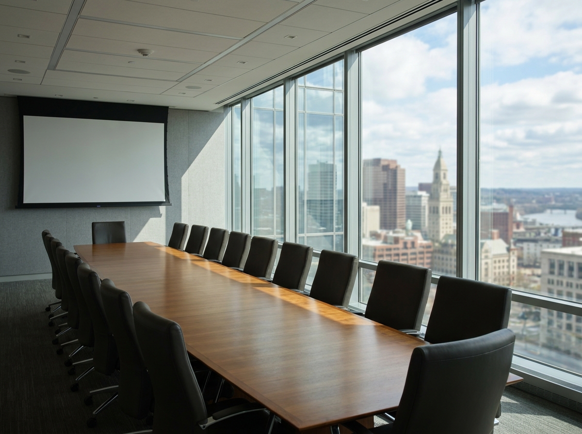 An empty corporate event space in Hartford set up for a presentation.