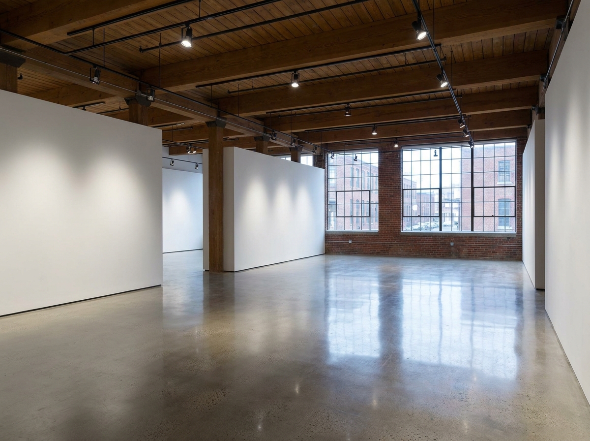 A modern, empty art gallery in Hartford, ready for an exhibition opening.
