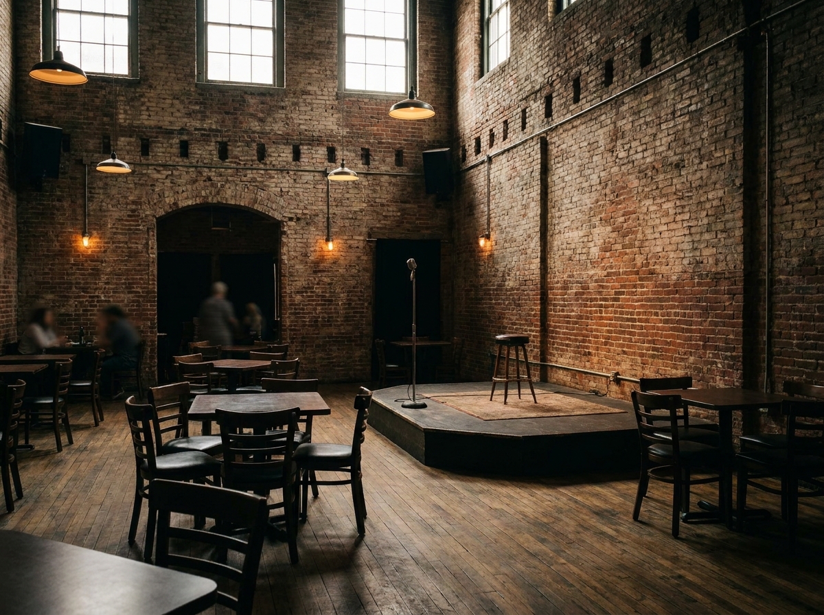An intimate stage at a music venue in Hartford before a show begins.