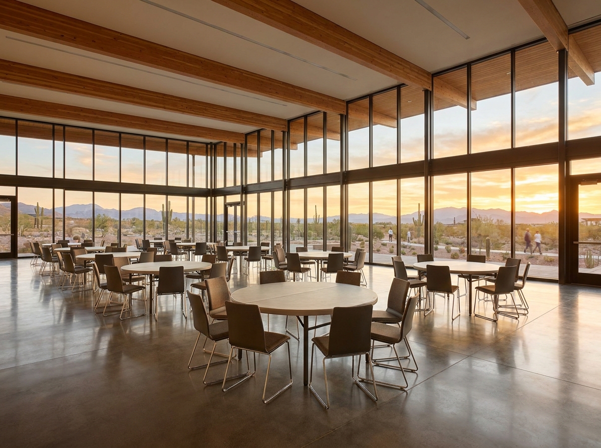 A modern event space in Henderson prepared for a corporate event.