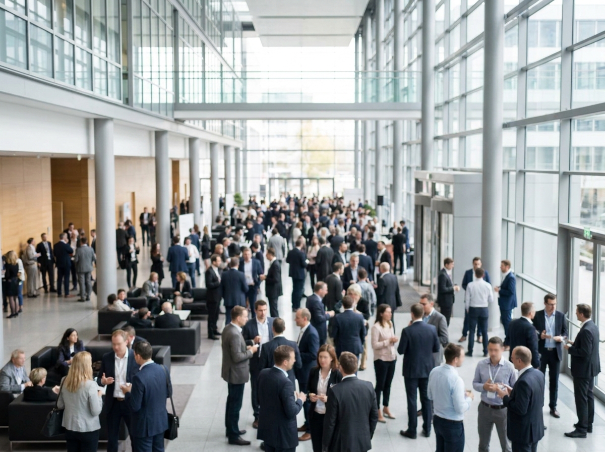 Professionals networking in a bright atrium during a high-tech event.