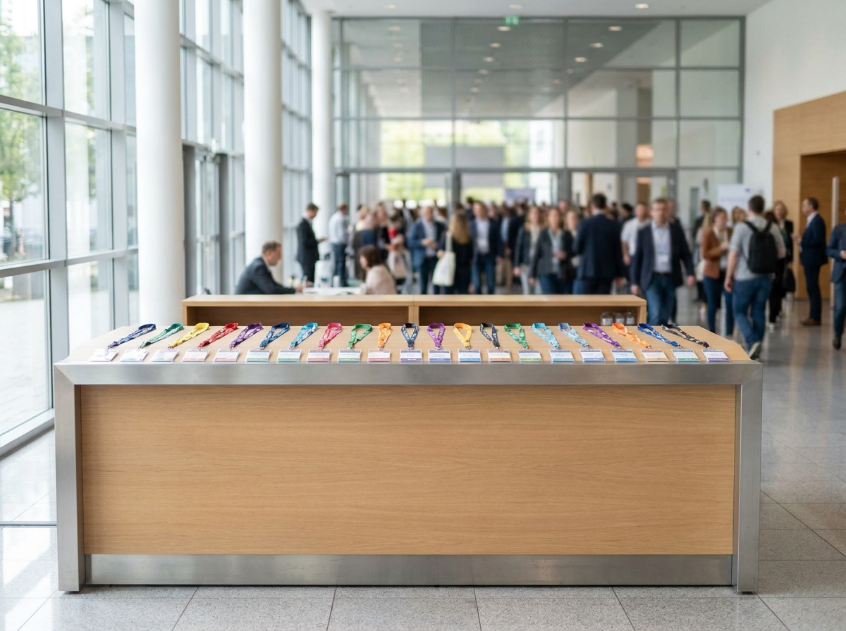 An empty, organized registration desk with lanyards ready for a high-tech conference.