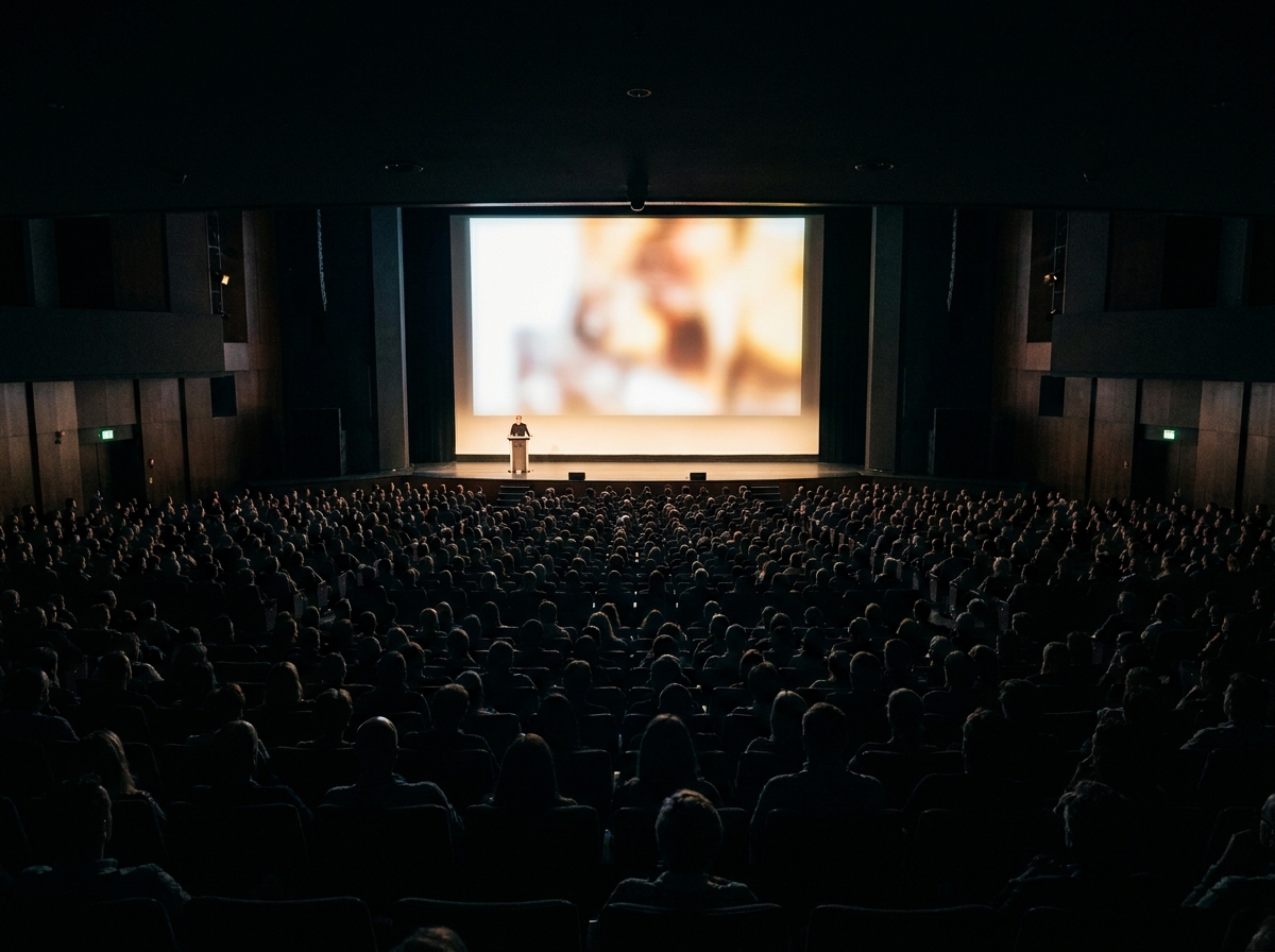 A speaker on stage addressing a large audience in an auditorium at a tech event.