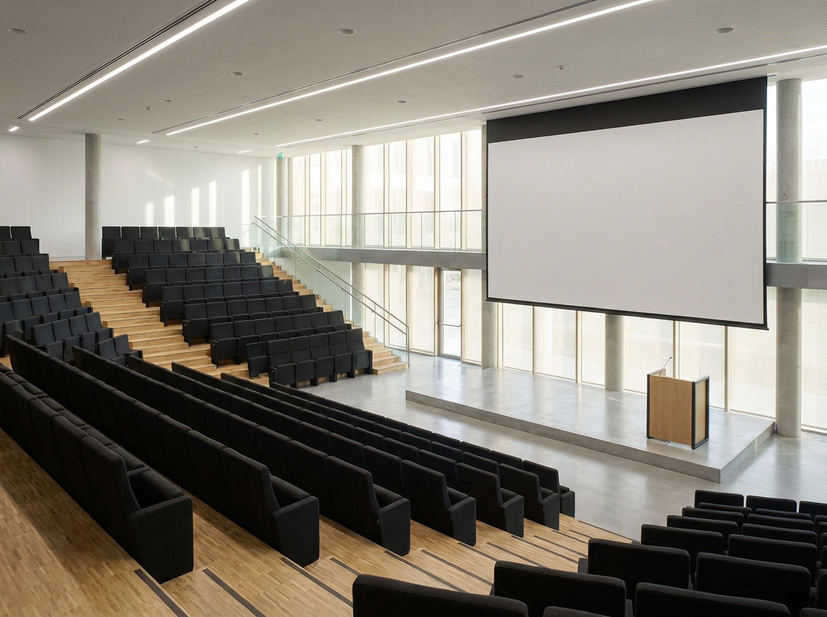 An empty, modern amphitheater stage ready for a high-tech event presentation.