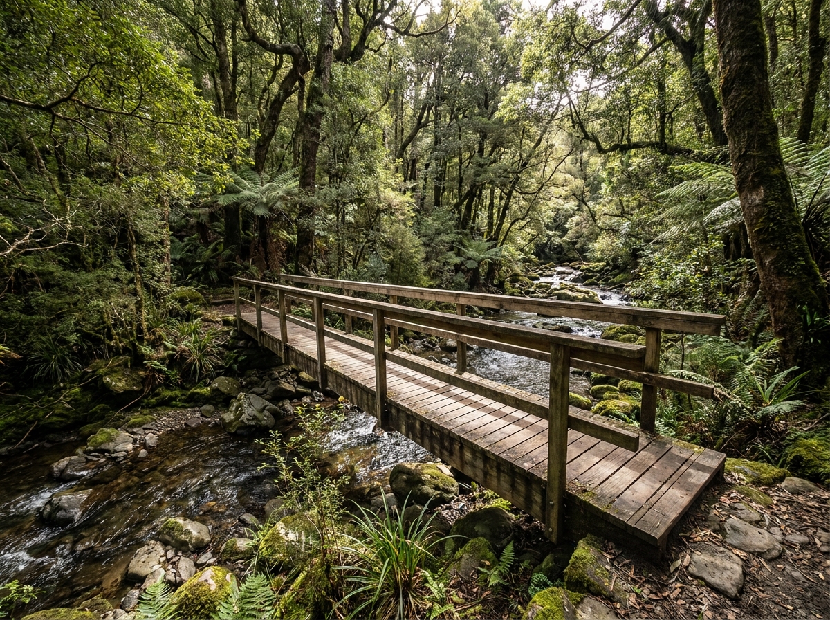 A wooden bridge on a forest trail, symbolizing a smooth hiking registration process.