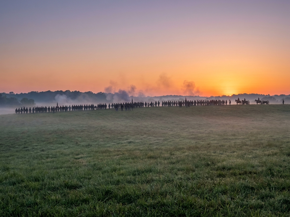 A historic Civil War reenactment taking place in a large field.
