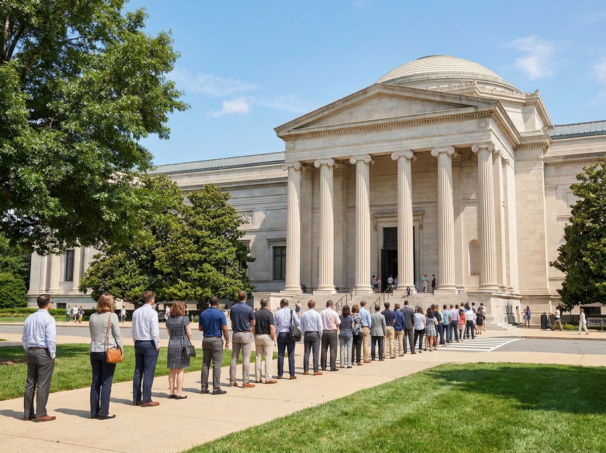 Attendees lined up outside a historic museum for an event.