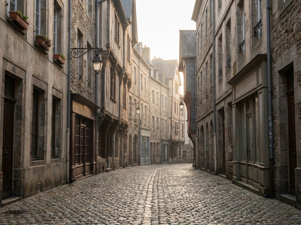 An empty cobblestone street in a historic European-style city.