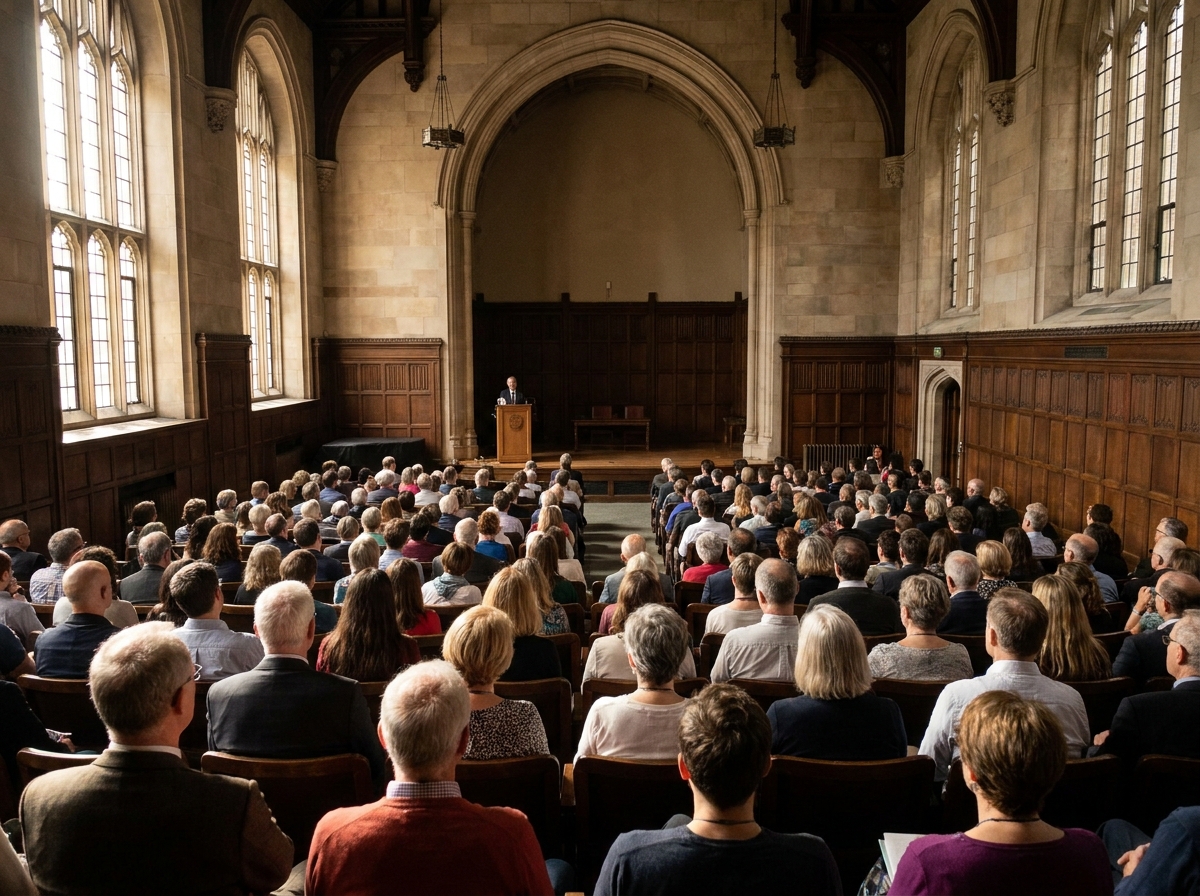 An audience listening to a speaker at a historic lecture event.