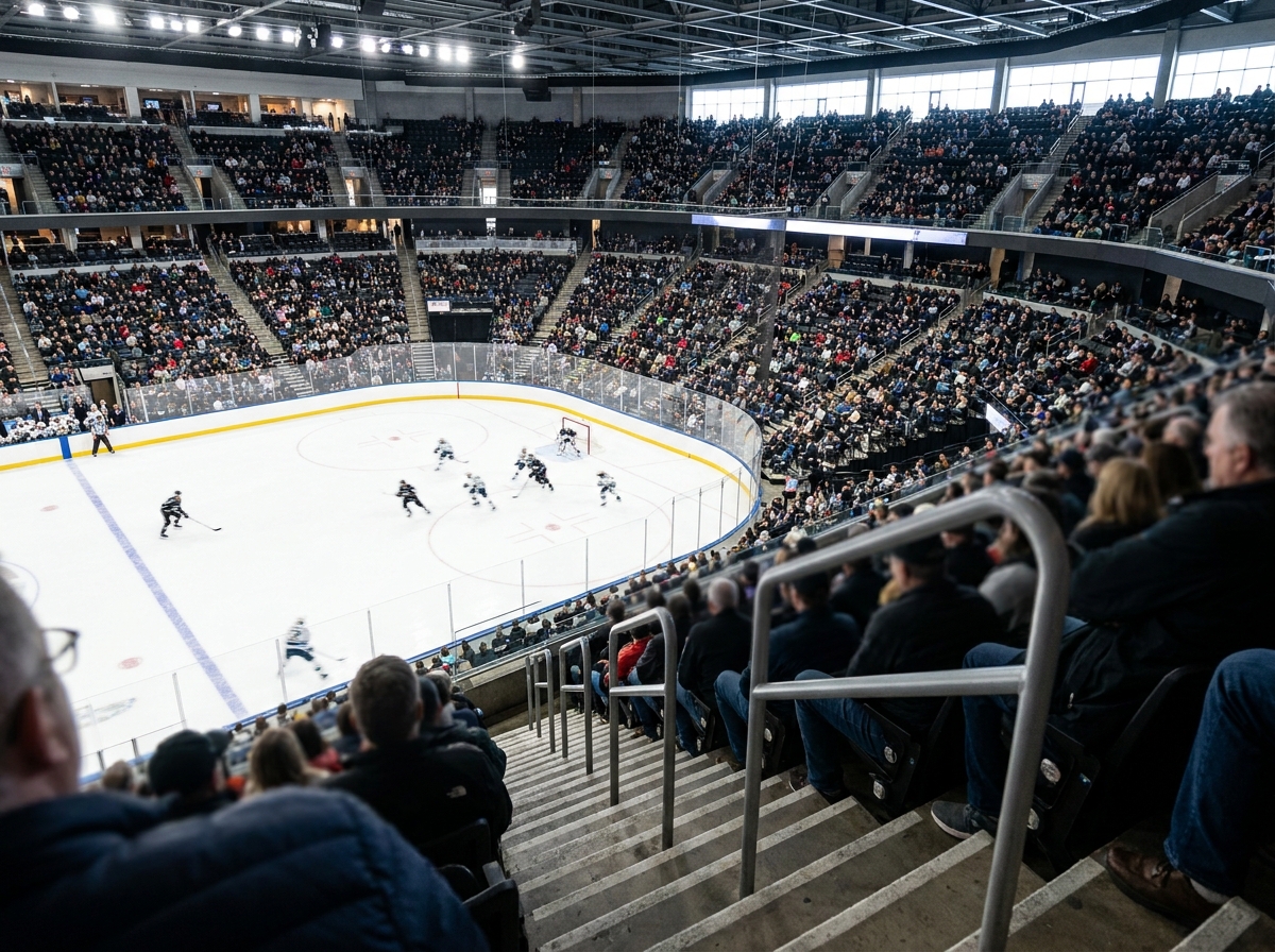 A crowd of fans watching a hockey game from the stands.