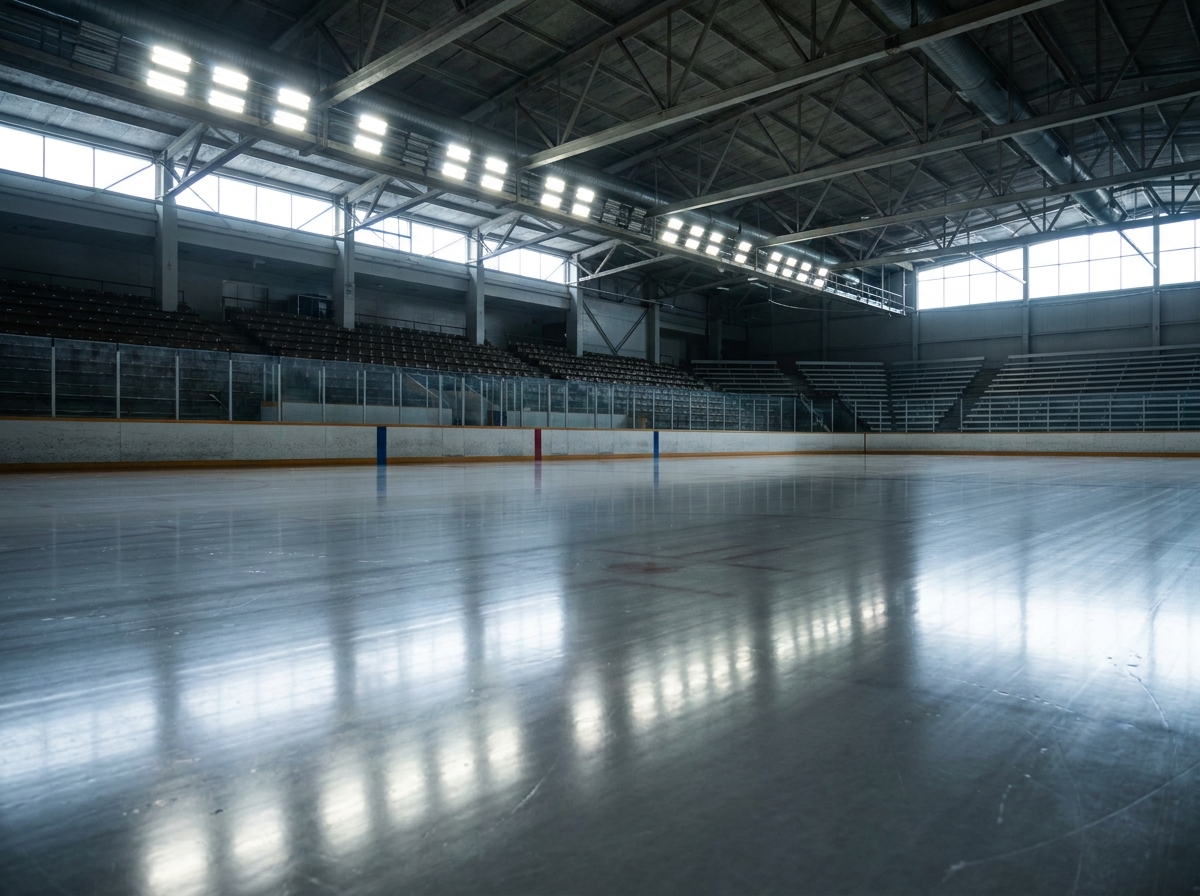 An empty, freshly prepared ice hockey rink ready for a game.