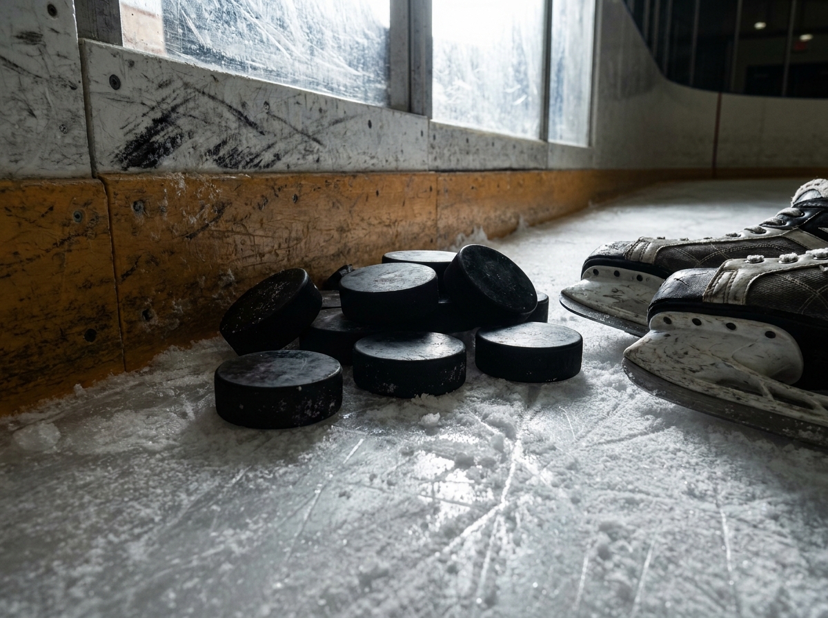 Hockey pucks and skates sitting on the ice, ready for action.