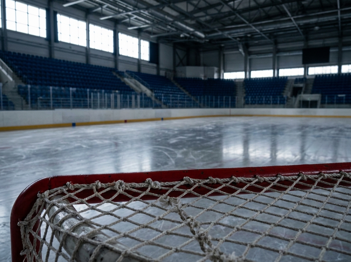 View of a hockey rink from behind the goal net.