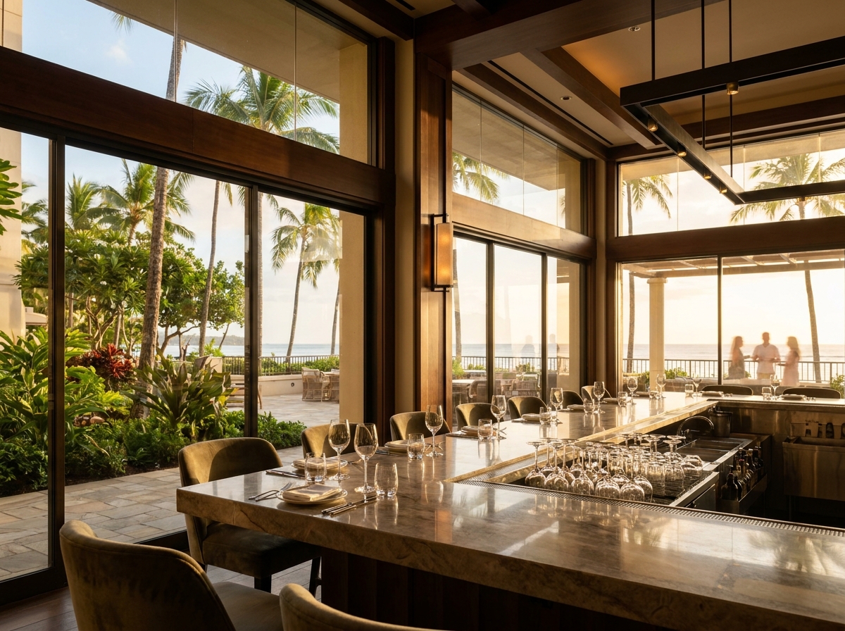 An upscale bar in a Honolulu hotel set up for an evening comedy event.