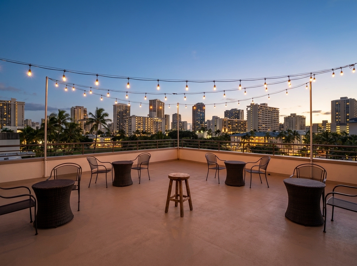 An outdoor rooftop space in Honolulu set for an intimate comedy show.