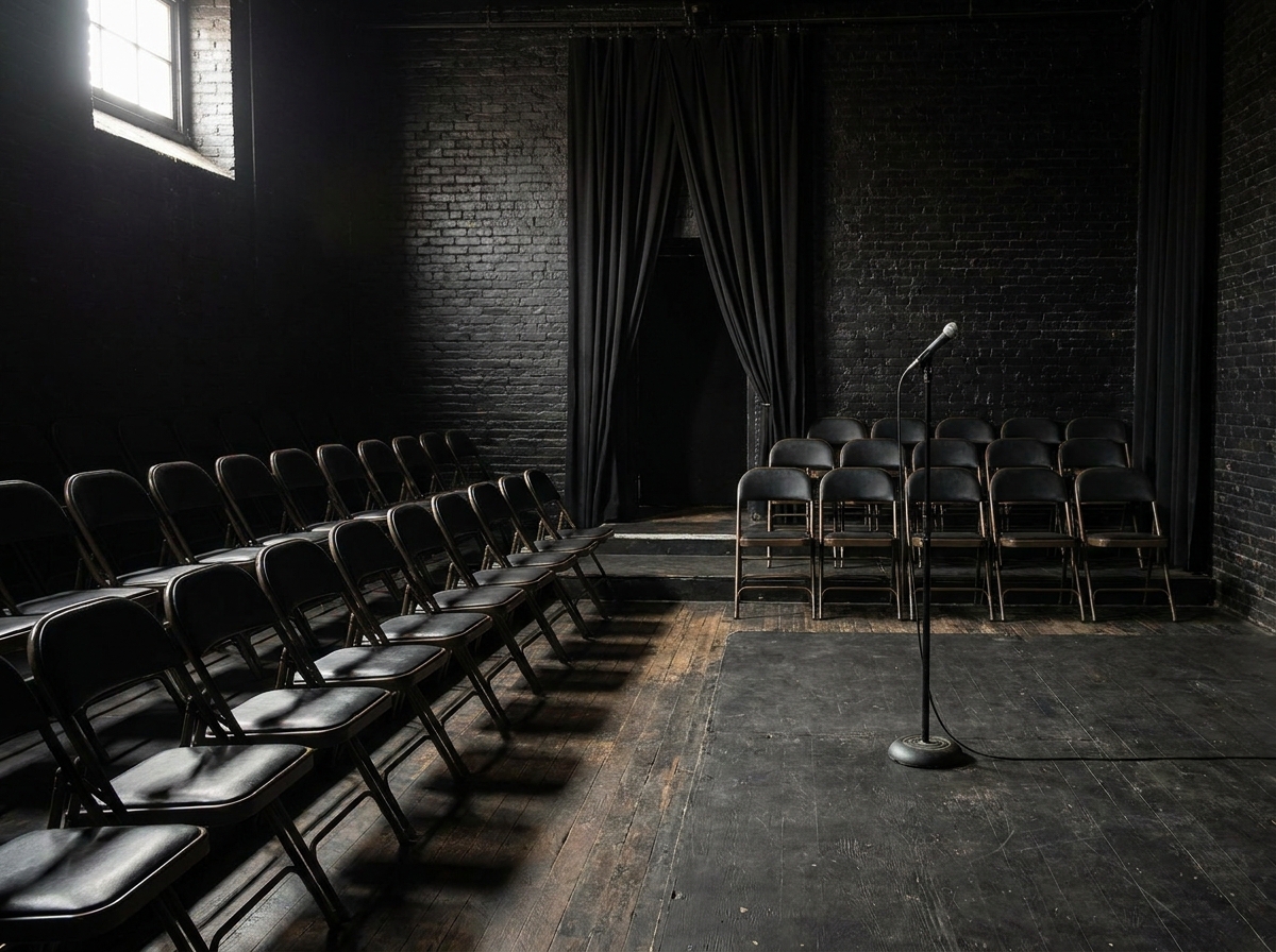 An empty black-box theater waiting for a comedy performance.