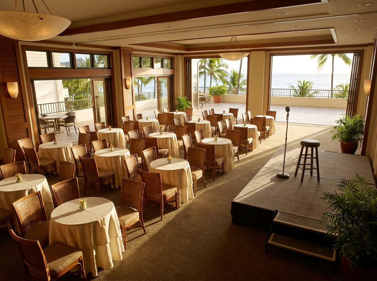 An empty showroom in a Honolulu hotel, prepared for a comedy night.