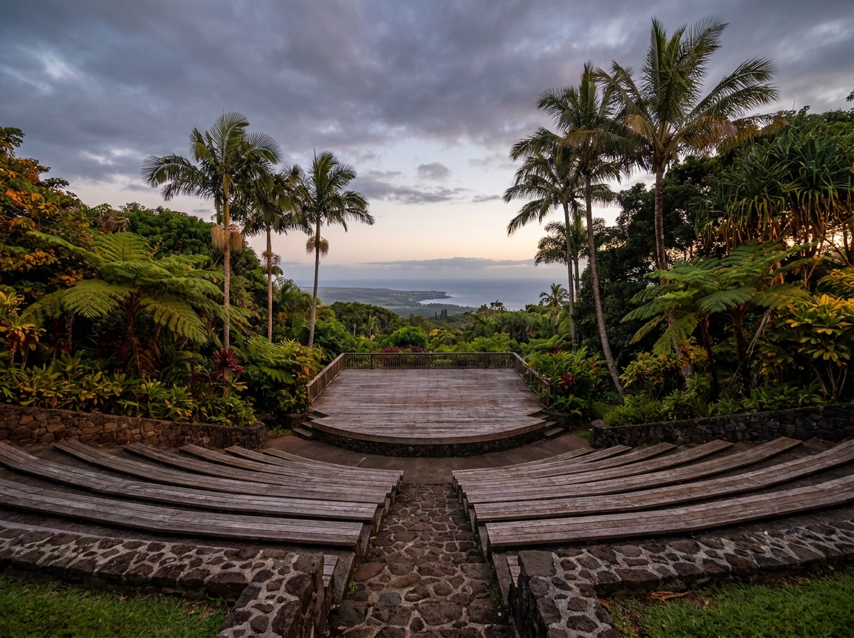 An empty concert stage at an outdoor venue in Honolulu.