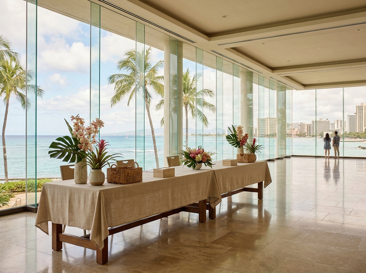 An event registration desk ready for guest check-in in Honolulu.