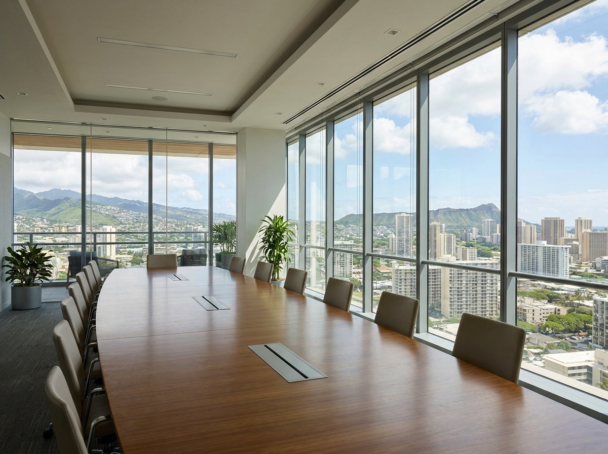 A modern conference room in Honolulu set for a business event.