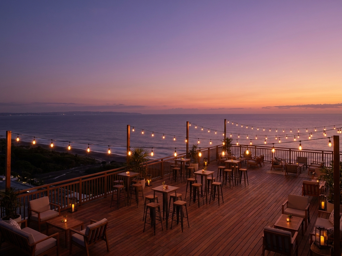 An empty rooftop bar prepared for a networking mixer in Honolulu.
