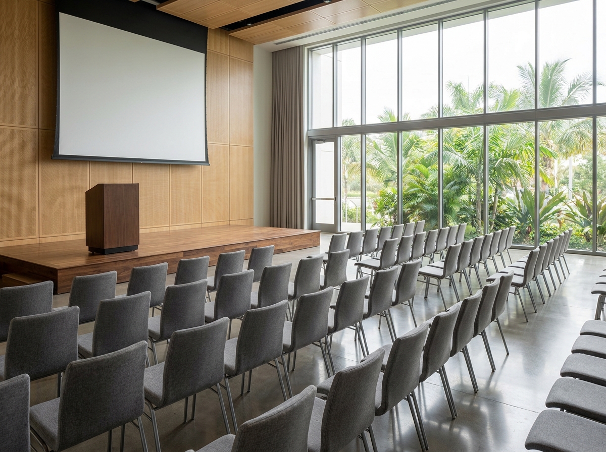 An empty auditorium stage set for a professional event in Honolulu.