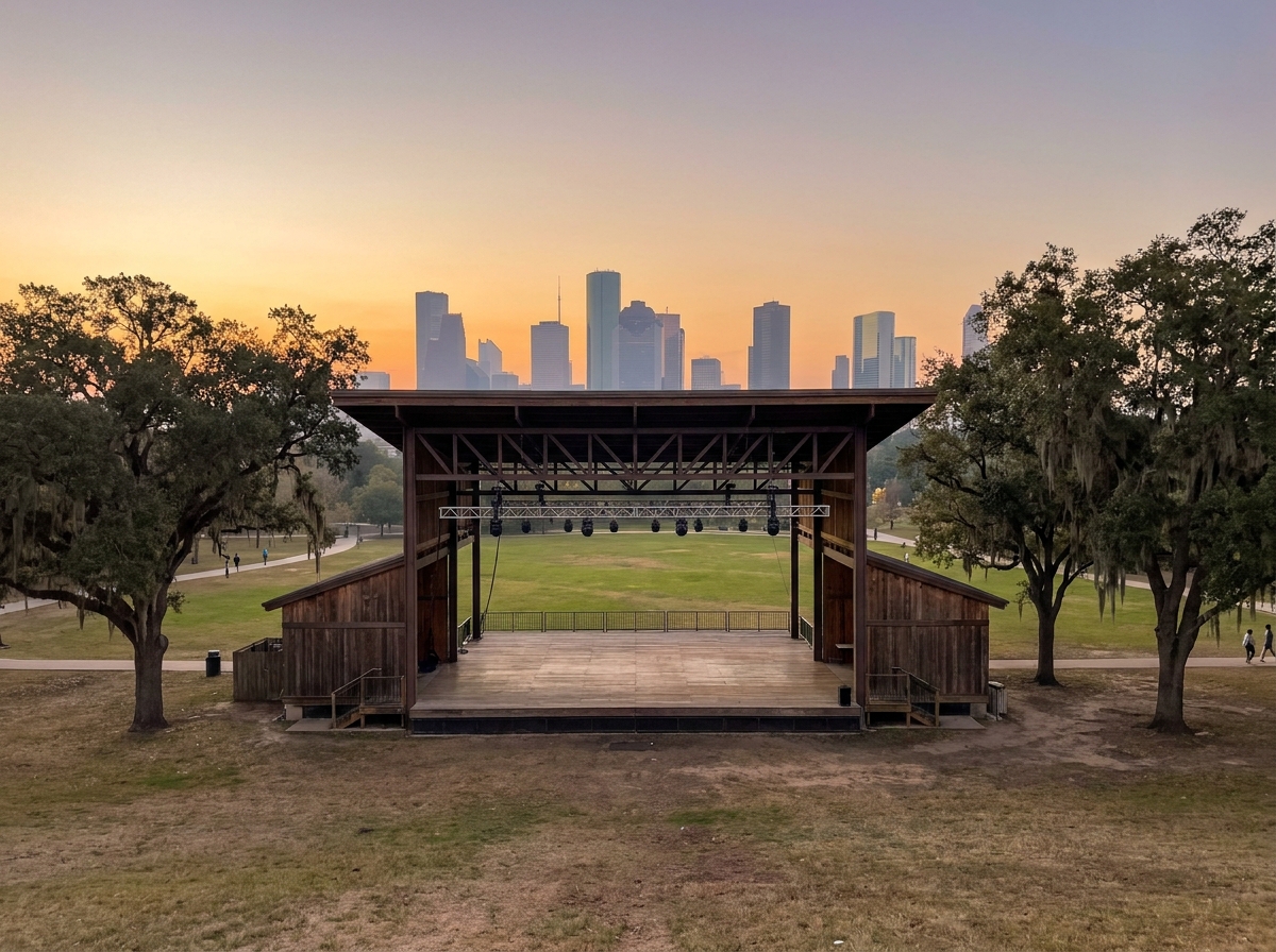 An empty festival stage prepared for an outdoor event in Houston.