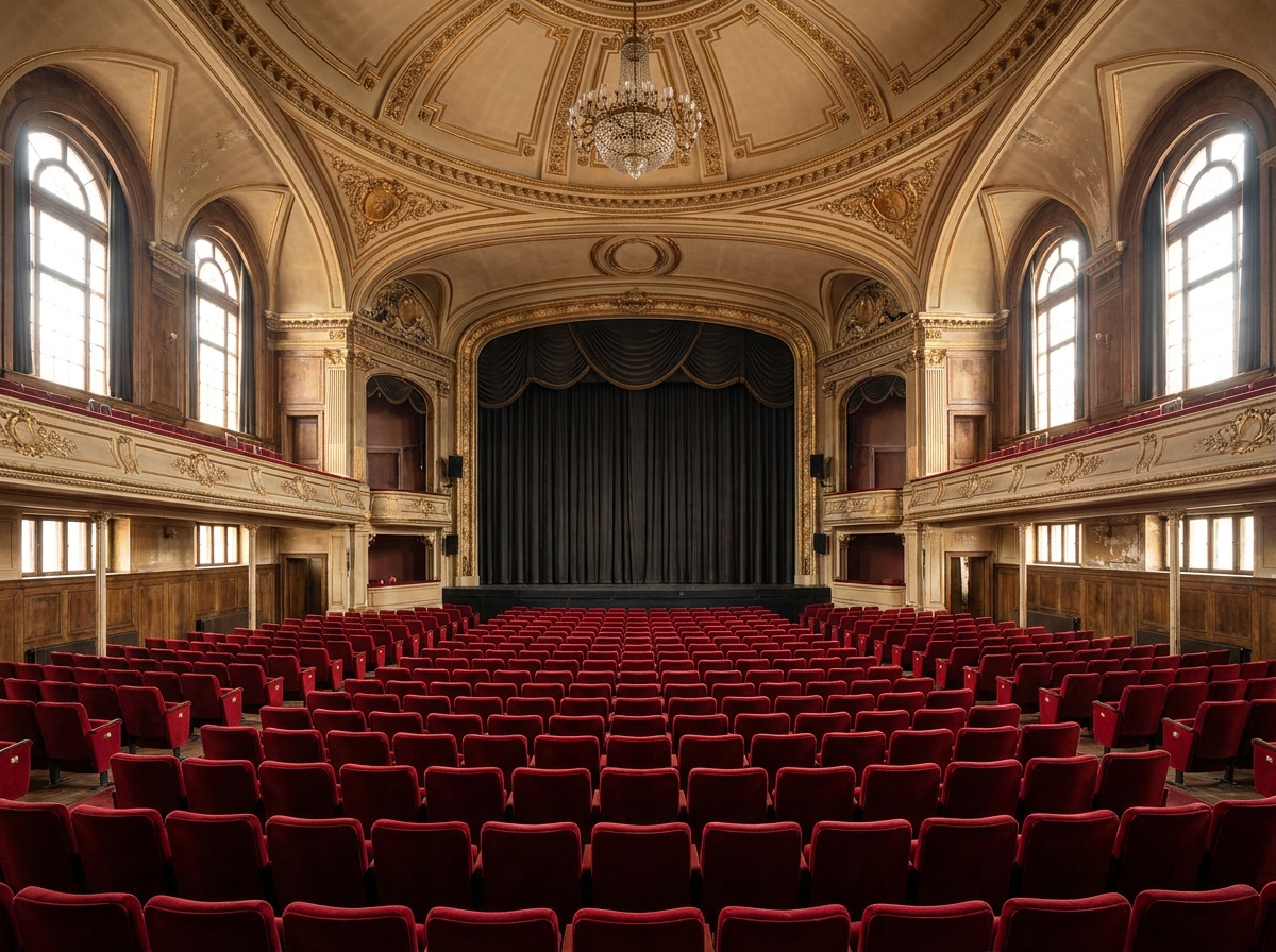 Empty red seats in an ornate, traditional theater in Houston.