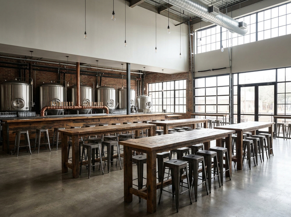 An empty, modern brewery taproom set up for an event.