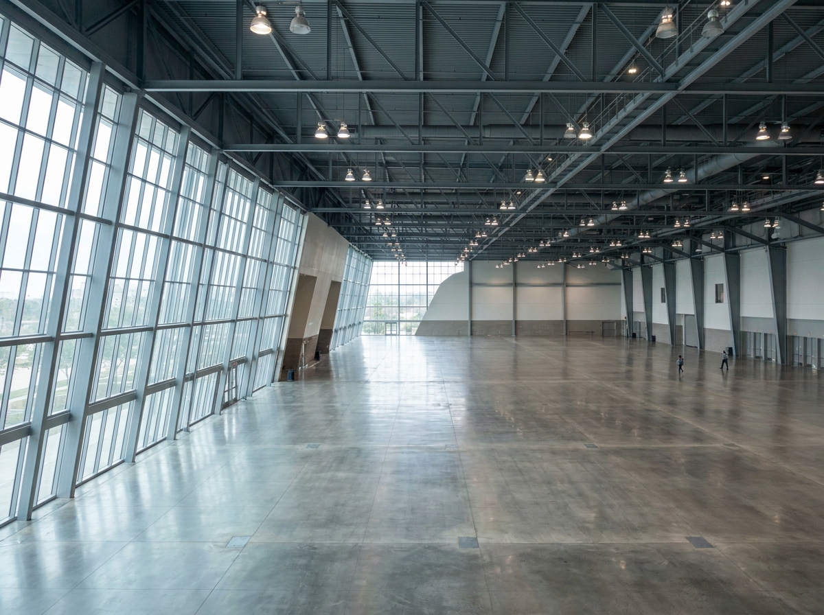 An empty hall in a large, modern convention center in Houston.