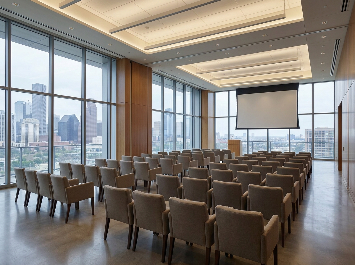 An empty conference room set up for a business event in Houston.