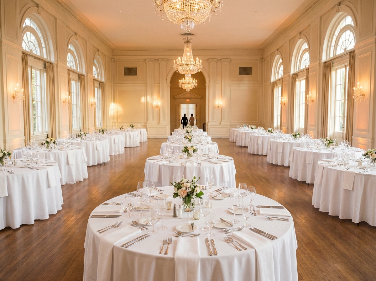 An empty ballroom prepared for a corporate networking event in Houston.