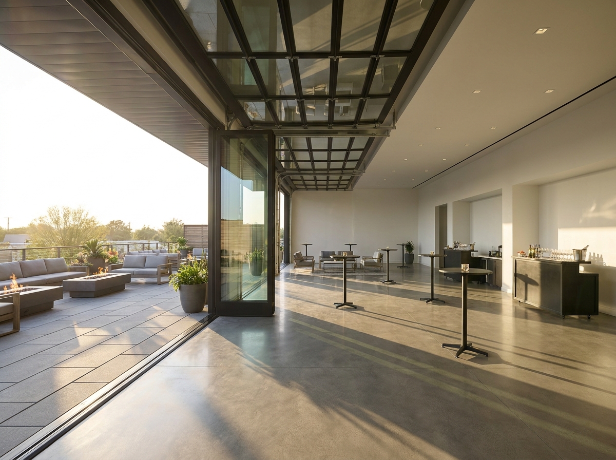 A versatile indoor-outdoor venue set for a networking event in Houston.