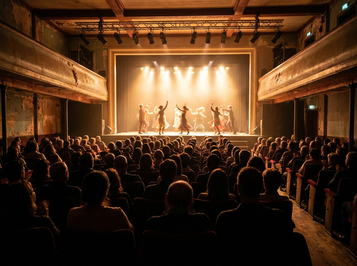 An engaged audience watches an improv comedy show in a small theater.
