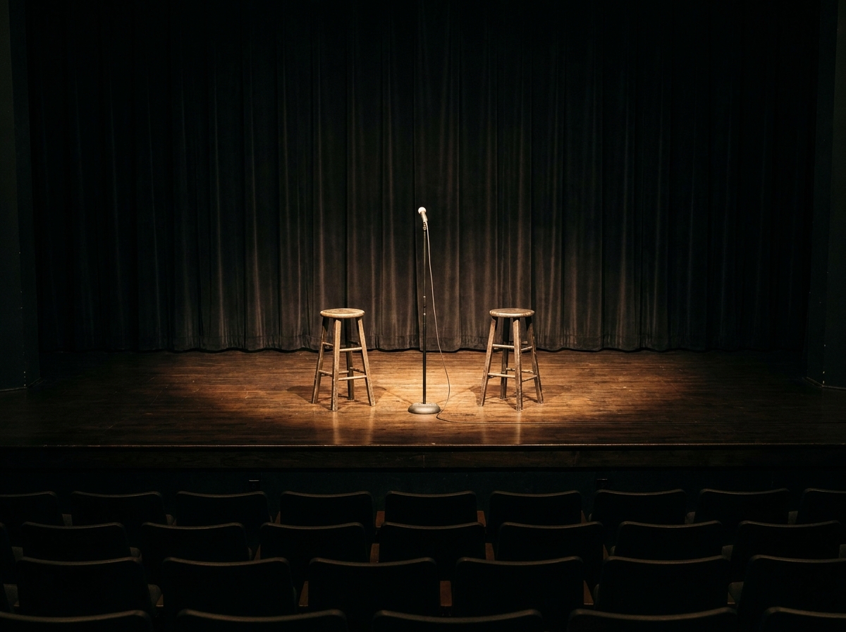 Two stools on a simple stage set for an improv comedy performance.
