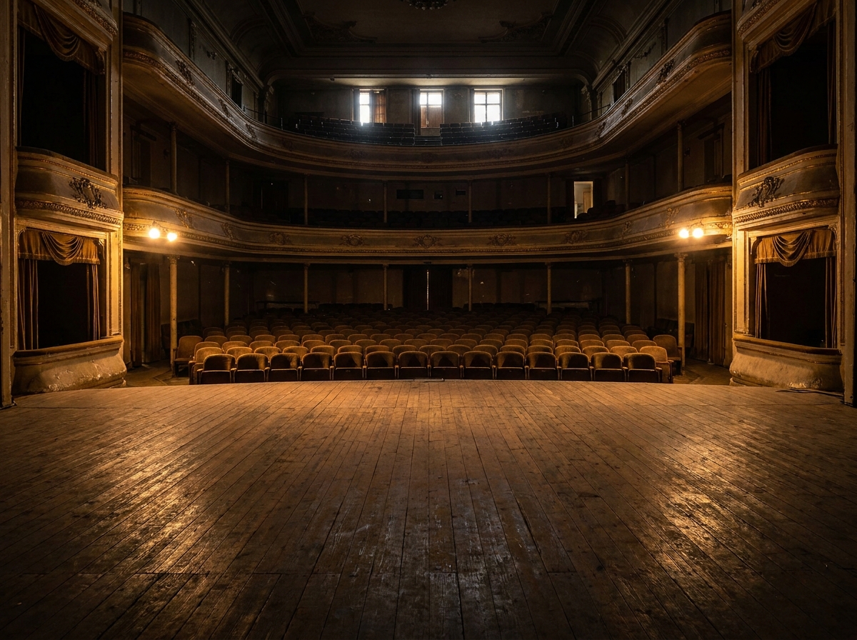 View from the stage of an empty theater before an improv show.