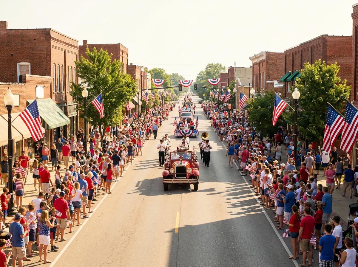 Community members lining the street for an Independence Day parade.