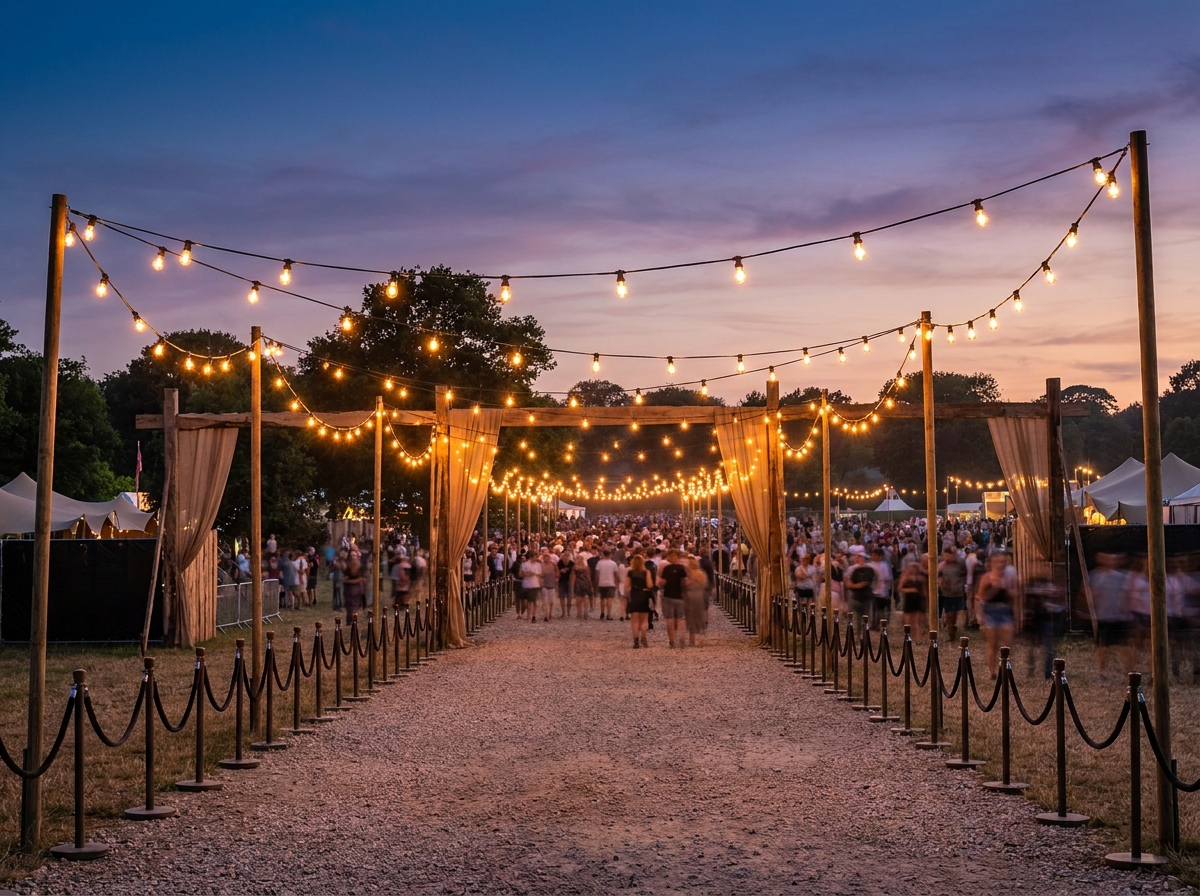 An organized entry gate for an Independence Day event at dusk.
